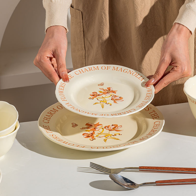 French flower retro elegant ceramic tableware suit high-looking large capacity soup bowl ceramic plate soup plate Rice Bowl