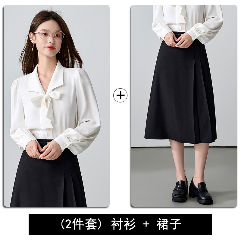蝴蝶结蓝色衬衫女2025春秋新款通勤穿搭法式面试长袖衬衣职业上衣|undefined