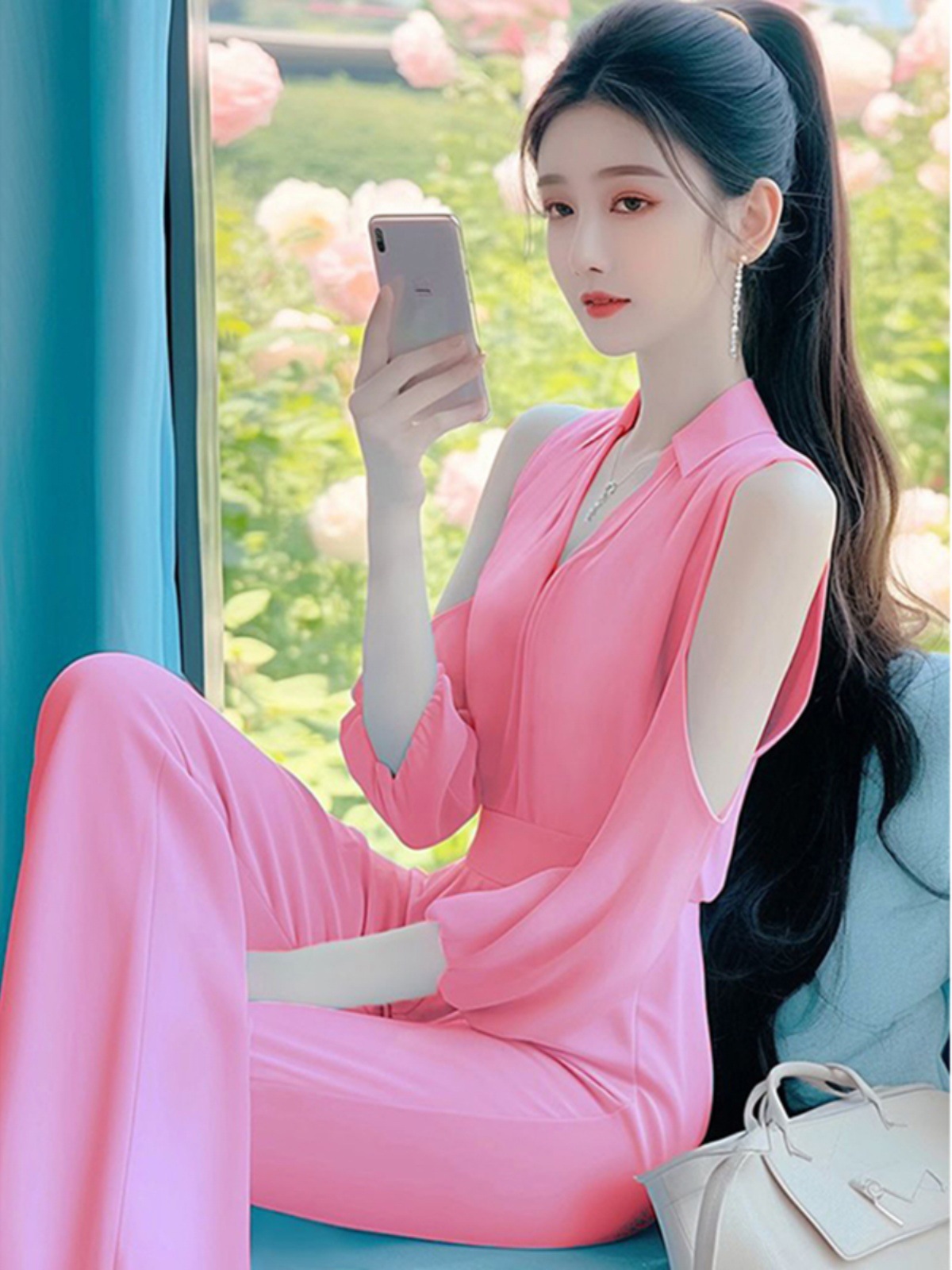 Áo liền quần jumpsuit nữ hở vai phong cách Pháp Hepburn — Màu xanh lam nhạt, Màu hồng, Màu xanh lam