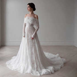 一字肩时尚写真婚纱礼服蕾丝长袖拖尾连衣裙新娘结婚订婚出门纱