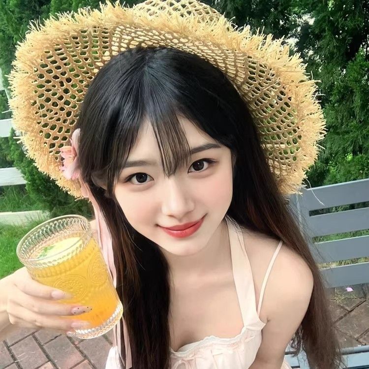 Hollow woven fur-edged straw hat women's seaside beach hat summer…