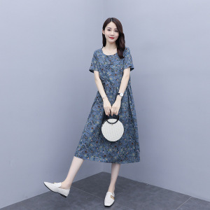 棉麻碎花连衣裙2021年夏季新款女装遮肚子显瘦中年妈妈洋气裙子潮