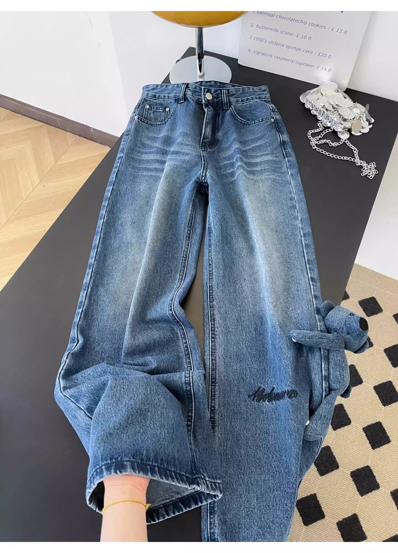 Women's High-Waisted Slimming Wavy Washed Denim Jeans Casual Loose Wide Leg Floor-Length Trousers With Letter Embroidery American Retro Summer Style_mkmklike.com