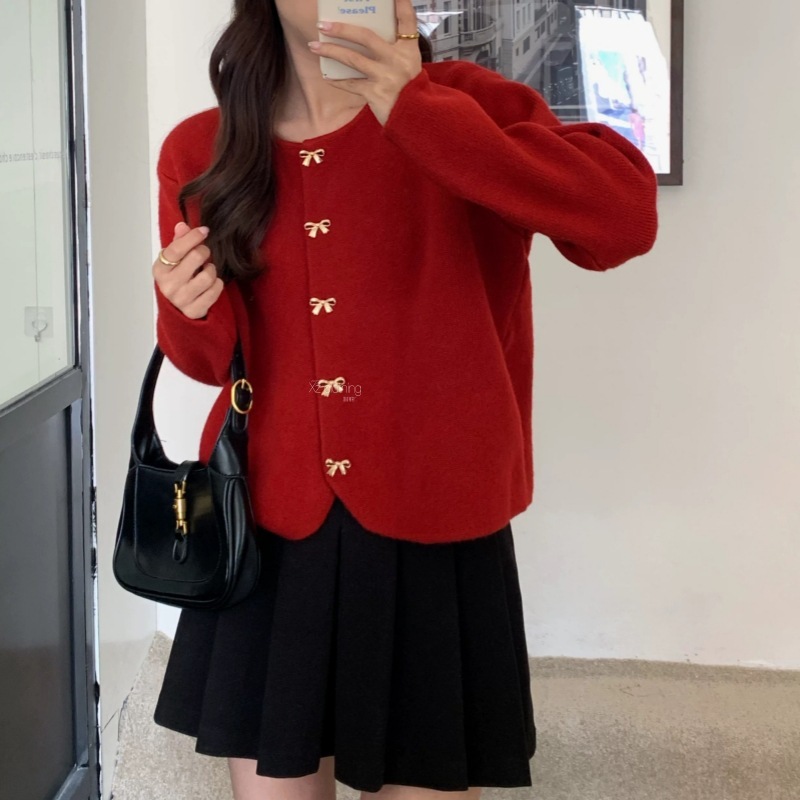Korean Style Autumn and Winter New Soft Waxy Round Neck Pair Chic Bow Button Single-breasted Knitted Cardigan All-match Sweater for Women Korean Style Autumn and Winter New Soft Waxy Round Neck Pair Chic Bow Button Single-breasted Knitted Cardigan All-match Sweater for Women