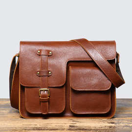 外贸复古新款男士真皮横款单肩包植鞣皮斜跨包大容量牛皮A4文件包