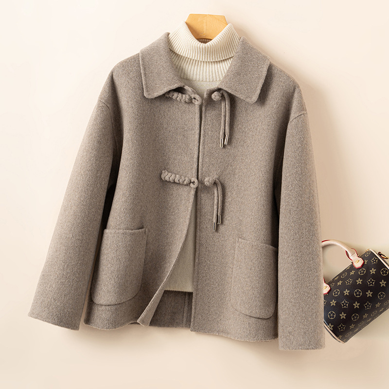 Autumn and Winter New Style Chinese-Style Button Double-Sided Wool Coat for Women, Short Lapel Versatile Woolen Coat for Petite Women