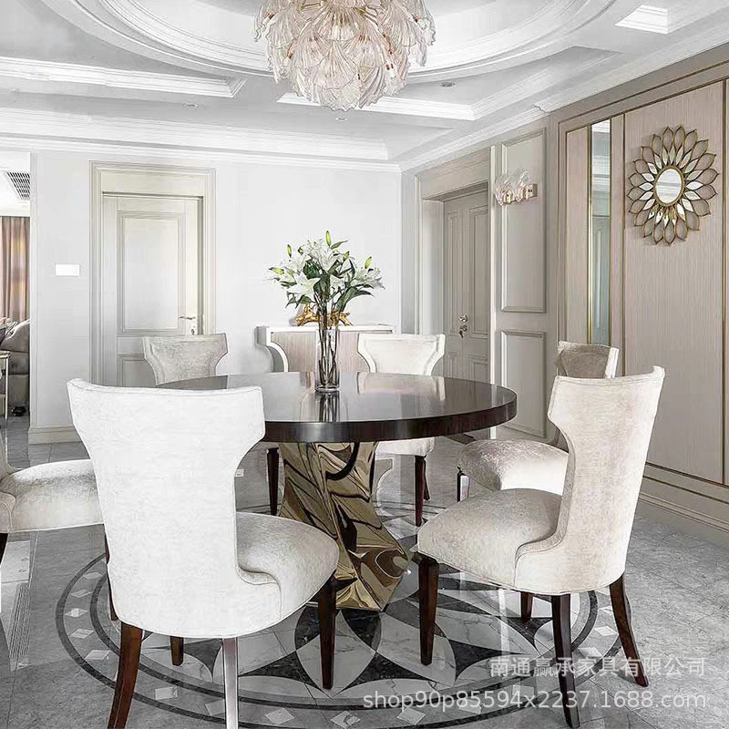 American art Dining Table and Chair Combination Light Luxury Round Dining Table Light Luxury Red Book Internet Celebrity Metal Stainless Steel Table Leg Round Table American art Dining Table and Chair Combination Light Luxury Round Dining Table Light Luxury Red Book Internet Celebrity Metal Stainless Steel Table Leg Round Table