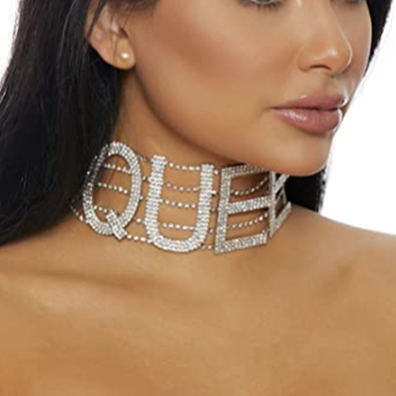 跨境熱銷QUEEN字母頸鏈個性誇張水鑽多層項鍊女Necklace