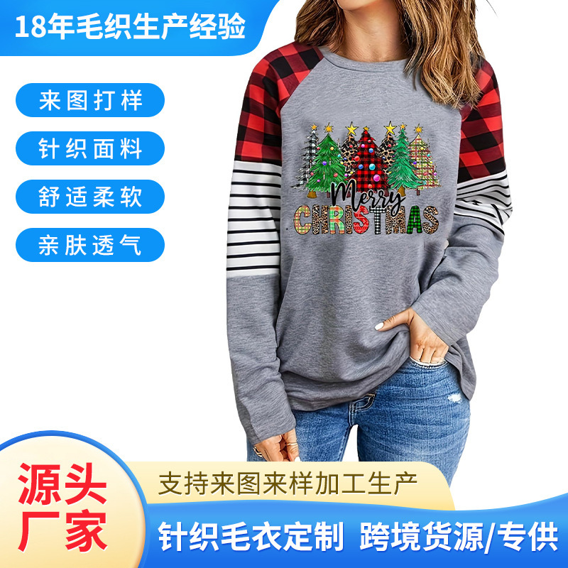 Cross-Border European and American Style Christmas Sweater Customization, Plaid Sleeves, Plus Size Round Neck Top, Women's Christmas Clothing