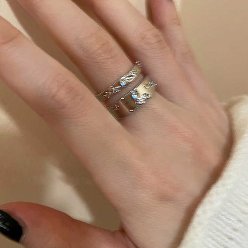 Silver-plated Circle Pendant Open Ring Set with Cold Style Elegance Couple's Finger Rings Fashion and Personality Matching Bands Trendy