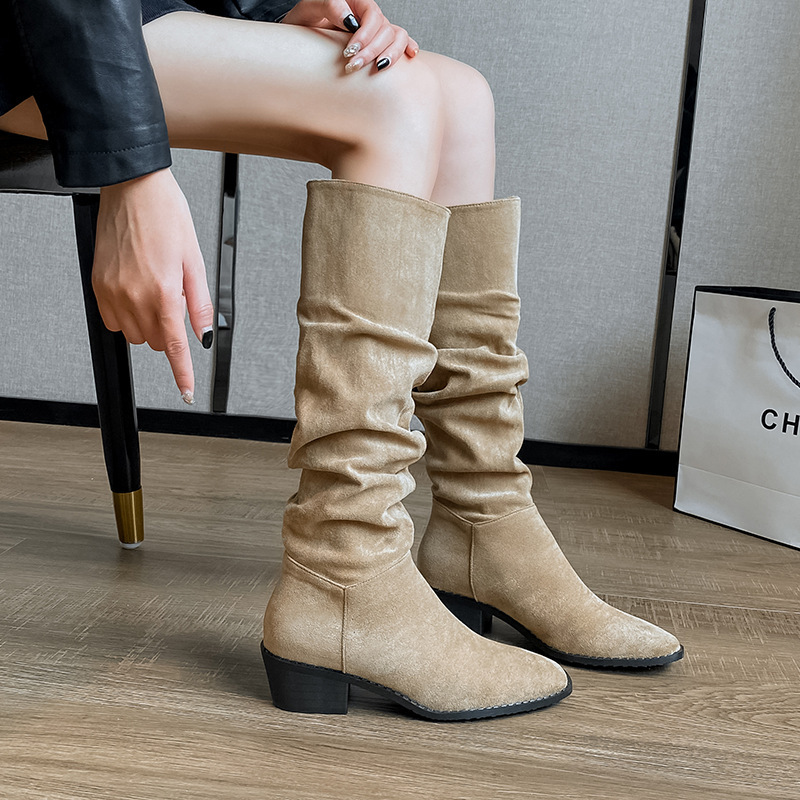 Women's Stacked Boots with Hidden Heels, 2026 Autumn New Trendy Retro Suede Chunky Heel High Boots