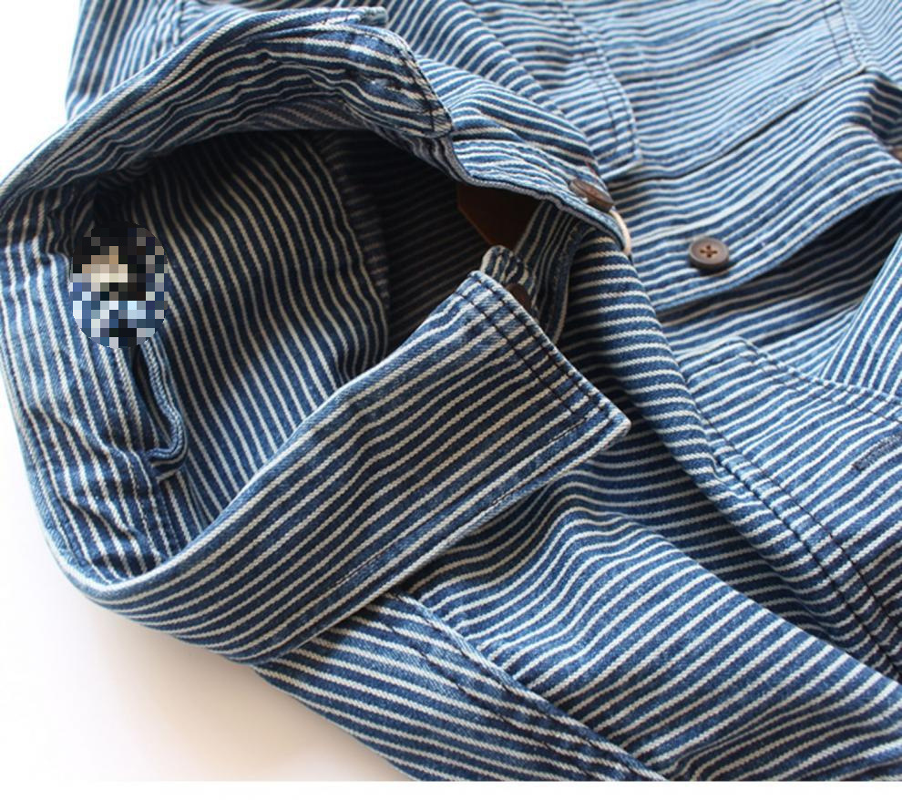 Vintage-Jeanshemd für Herren – Schweres, gestreiftes Langarm-Freizeithemd mit zwei Taschen, lockerer Passform, Polyester-Mischgewebe_voghion.com