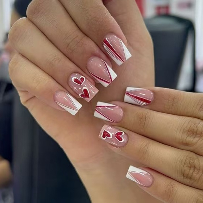 White V-Shaped French-Style Red Glitter Heart Design Chinese Valentine's Day Wearable Nail Art Nail Pieces White V-Shaped French-Style Red Glitter Heart Design Chinese Valentine's Day Wearable Nail Art Nail Pieces