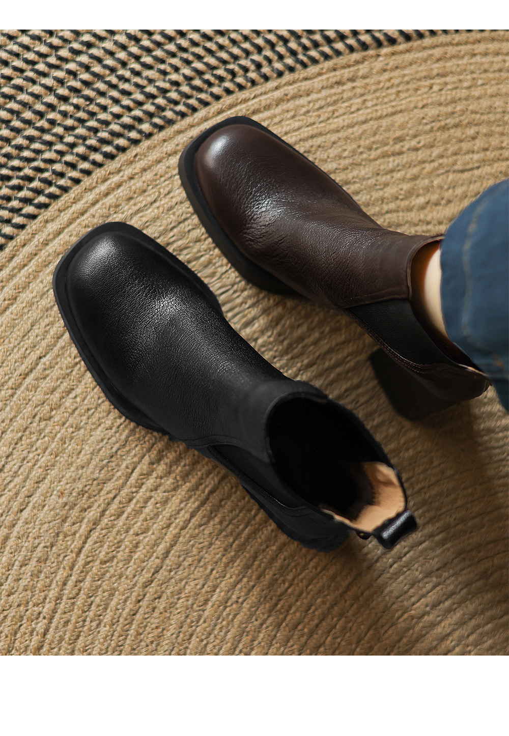 Boot Chelsea cổ ngắn mũi vuông da dê mềm, gót dày platform, phong cách cổ điển, dáng slip-on thu đông — nhung đen, Nhung nâu, Lớp lót đơn màu đen, Lớp lót đơn màu nâu chi tiết 13