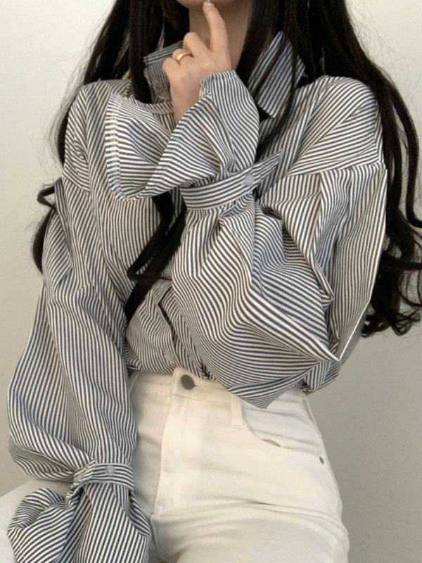法式条纹衬衫女秋季宽松设计感小众别致上衣韩系chi简约外搭衬衣|undefined