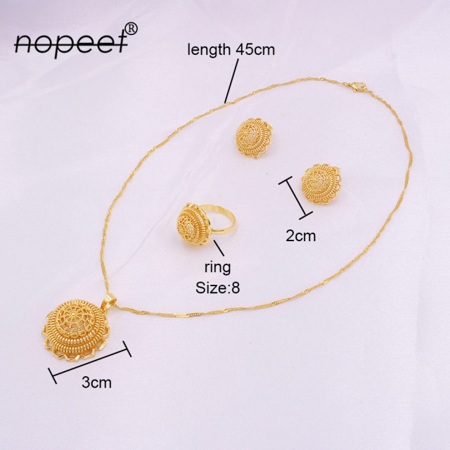 NOPEET Dubai Bridal 24k Gold Plated Jewelry Set African Gold Necklace Earrings Ring Three Pack