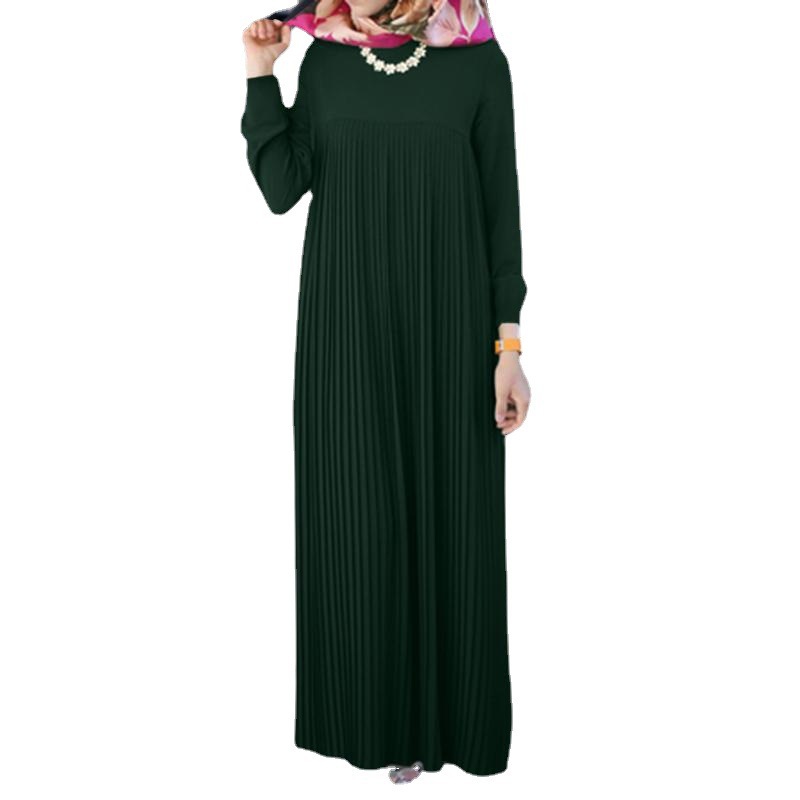 2023 Muslim Women's Clothing: Elegant Arab-style Pleated Dress, Solid Color, Round Neck, Long Sleeve, Ruched Dress_ecoleips.com