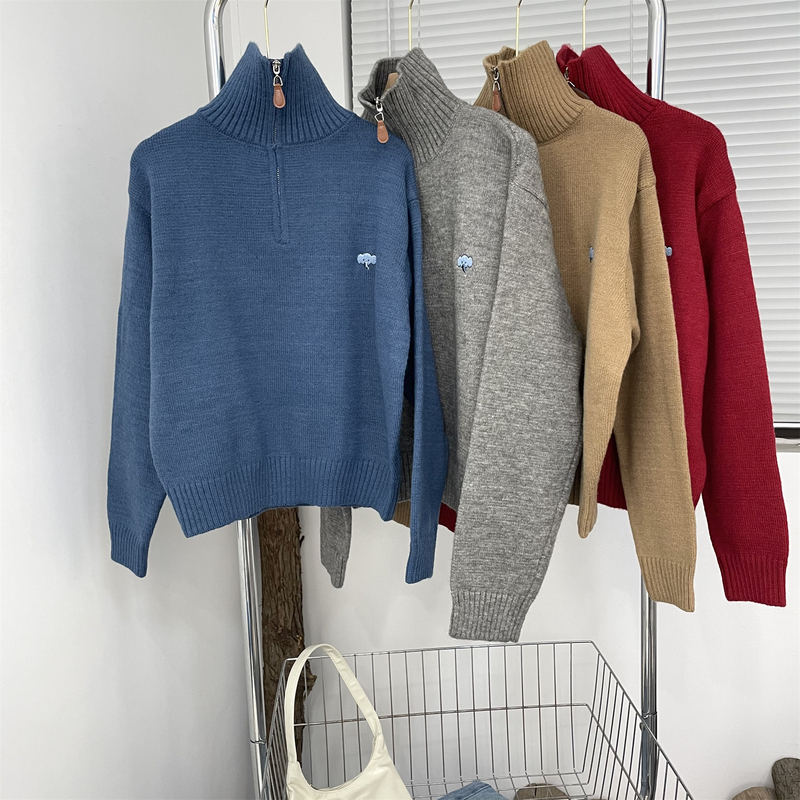 Stand Collar cute zipper versatile autumn and winter women's sweater top loose pullover long sleeve embroidered half turtleneck letters