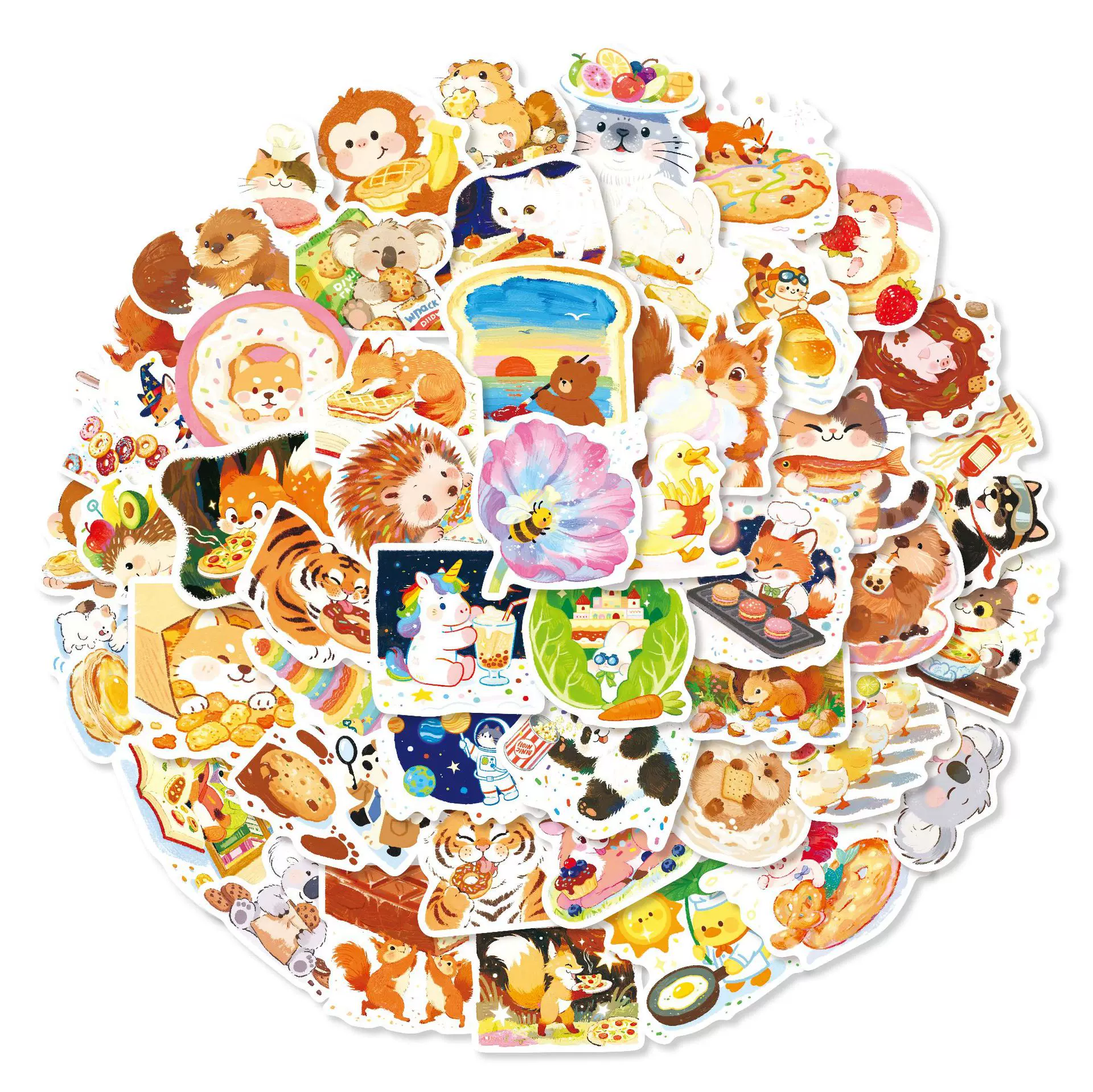 50张卡通动物贴纸美食家涂鸦创意可爱异形防水diy手帐行李箱贴纸