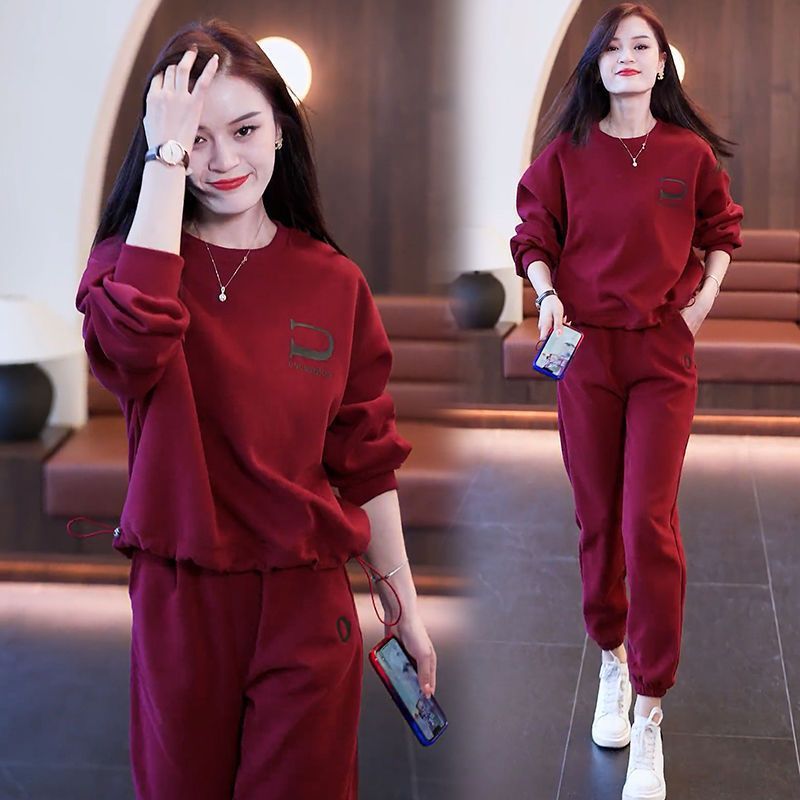 "Conjunto deportivo informal para mujer: sudadera con capucha y pantalones deportivos de estilo coreano (caqui/burdeos/negro)"_voghion.com