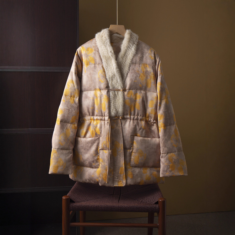 New National Standard 90 White Duck down Woven Mink Fur Collar Jacquard down Jacket Women's National Style Loose Thickeneded Warm Jacket Winter