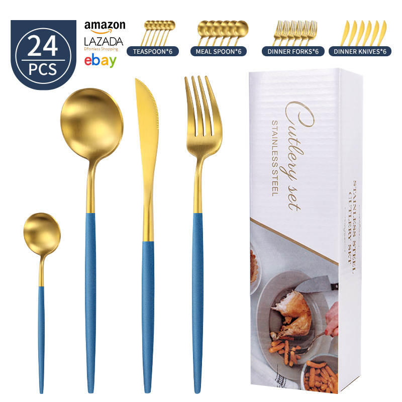 Transfronterizo Amazon mango redondo portugués cuchillo y tenedor cuchara set de platos de acero inoxidable mate cuchillo y tenedor de filete set 24 piezas