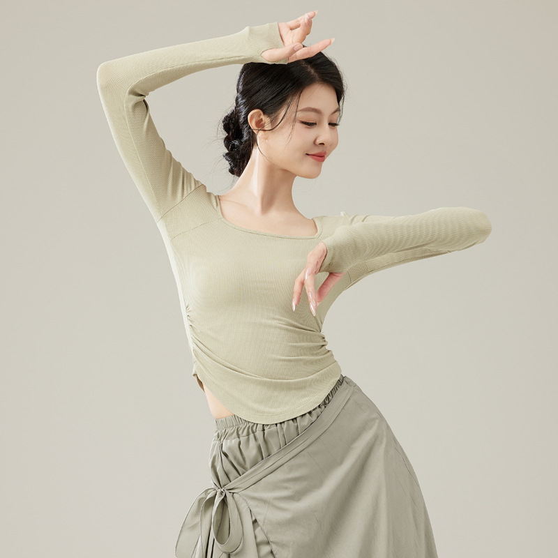 Autumn New Modern Dance Costume Square Collar Practice Clothes Chinese Style Folk Dance Art Test Long Sleeve Top for Women