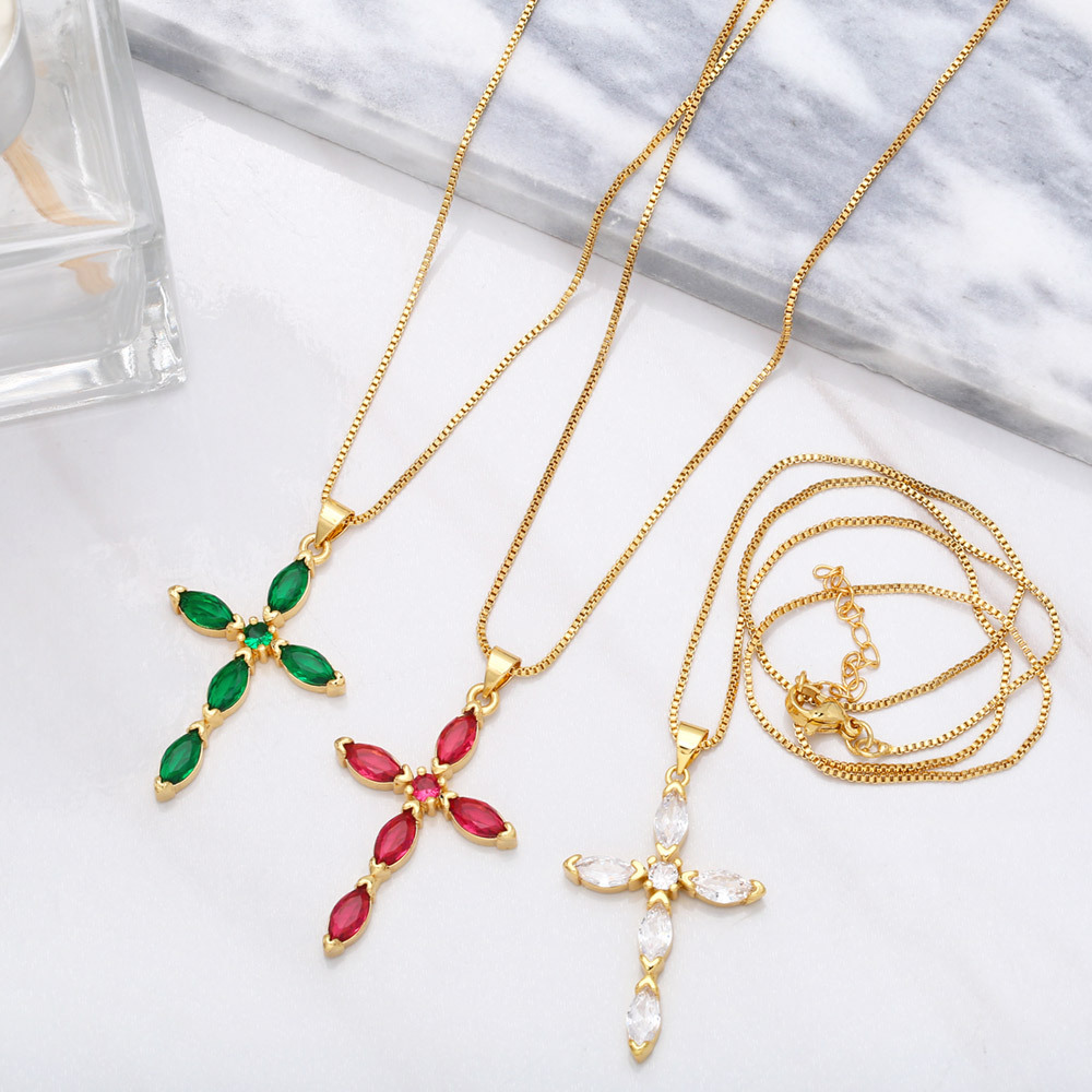 fashion cross copper gold-plated inlaid color zircon necklace