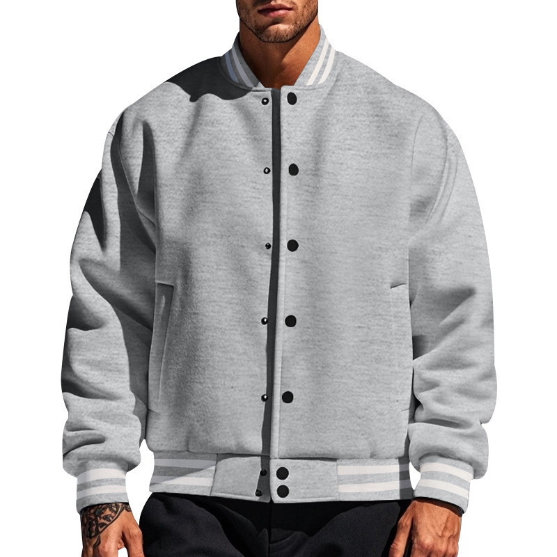 Cross-border Men's Autumn and Winter Fleece American Sports Solid Color Loose Casual Collar Button Men's Baseball Suit Bomber Jacket