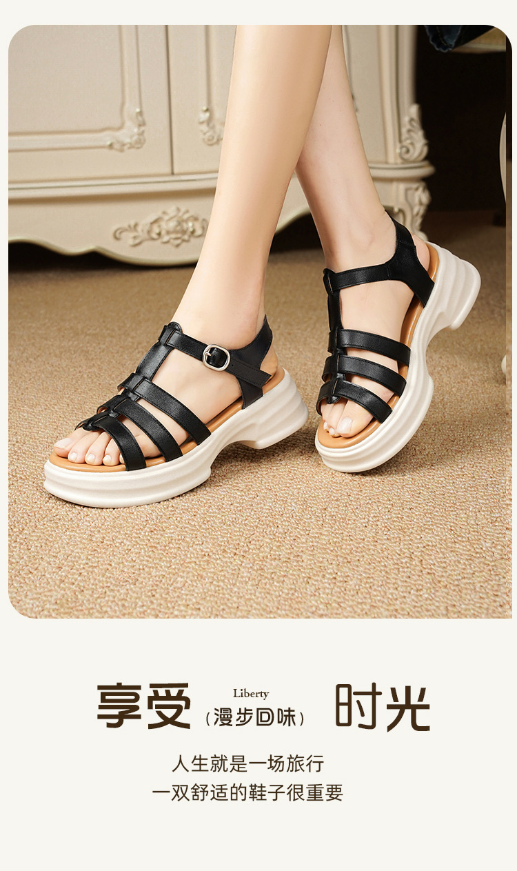Sandal La Mã nữ da thật đế dày gót vuông quai ngang — Màu đen chi tiết 23