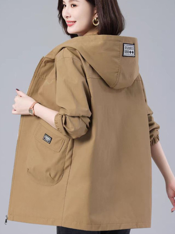 Plus Size Mid-Length Trench Coat for Middle-Aged Women, Loose Spring and Autumn Jacket with Hood and Large Pockets, Baseball Jacket