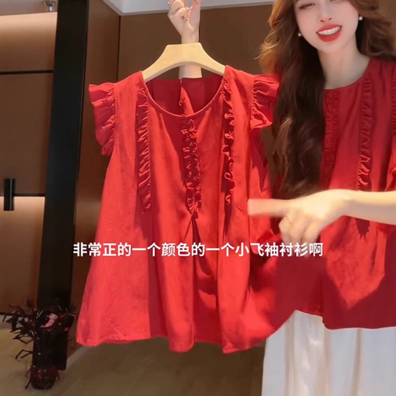 女性用の赤い袖のシャツ、夏の美しいベビードールシャツ、フレンチトップ|undefined