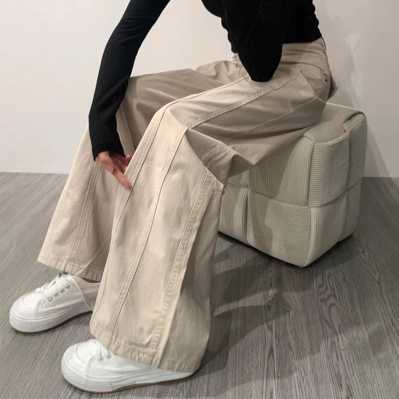 Apricot-Colored Workwear Straight-Leg Jeans for Women, Spring and Summer Wide-Leg Pants, High-Waisted Loose-Fitting Jeans That Cover the Hips and Make You Look Slimmer, Women's Style
