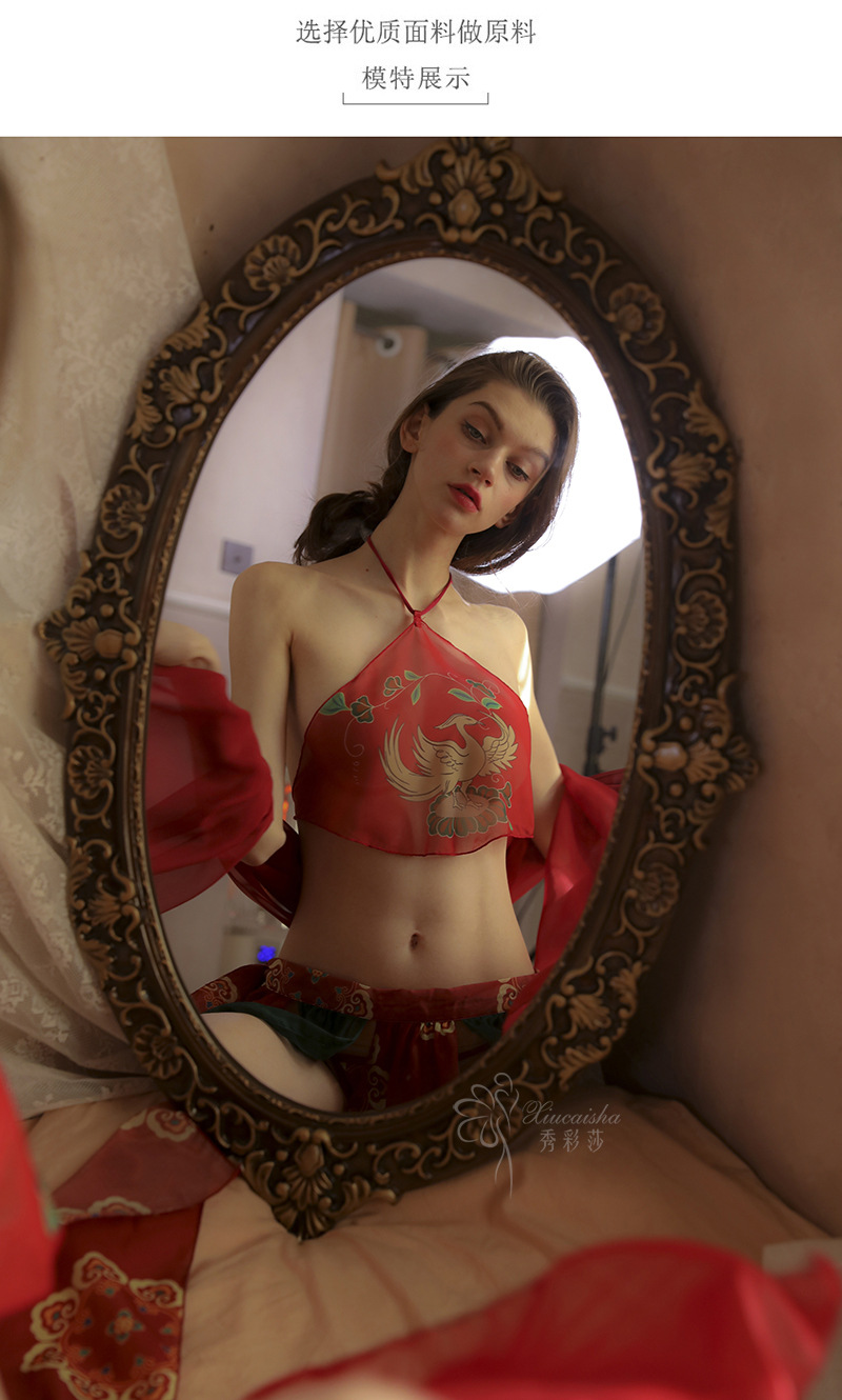 Sexy Hanfu Bellyband Nightgown Set with Shawl, Mesh Skirt and Thong — detail image 7