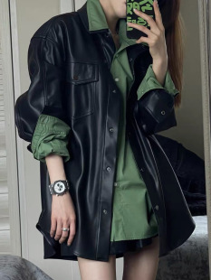 Early Autumn Cool Black Pu Leather Jacket for Women 2023 Spring & Fall New Loose Casual Jacket Top Retro