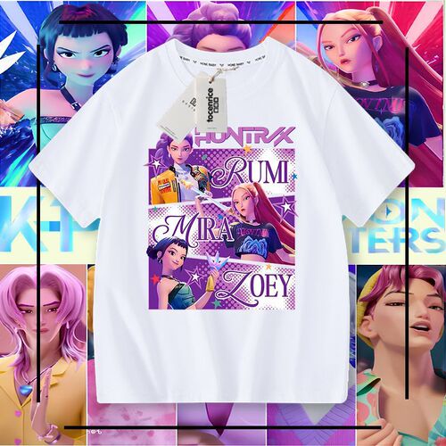 Kpop Demon Hunters Group Children's Internet celebrity short-sleeved t-shirt Girls 'Western-style blouse Big children's loose small shirt Girls' summer dress