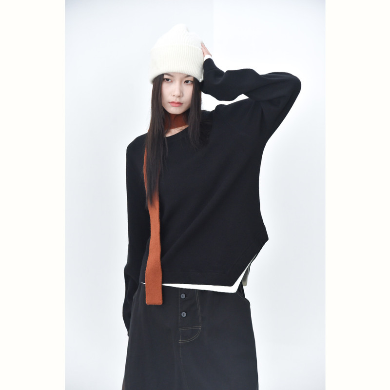 [Mountain] Contrast Color Stitching Fake Two-piece Design Pointed Stacked Crewneck Base Sweater 6555#