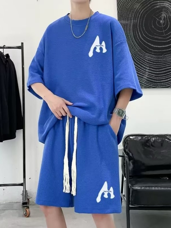 Traje de verano de los hombres de moda de todo fósforo de color sólido casual de manga corta Camiseta waffle Top marca de moda coreana ins shorts