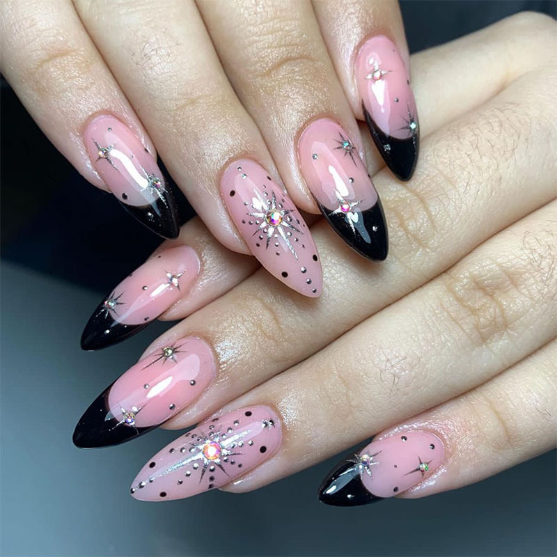 Medium almond-shaped black French nails with star-shaped multi-color rhinestones, 24-piece set of press-on nails, best-selling cross-border product Medium almond-shaped black French nails with star-shaped multi-color rhinestones, 24-piece set of press-on nails, best-selling cross-border product