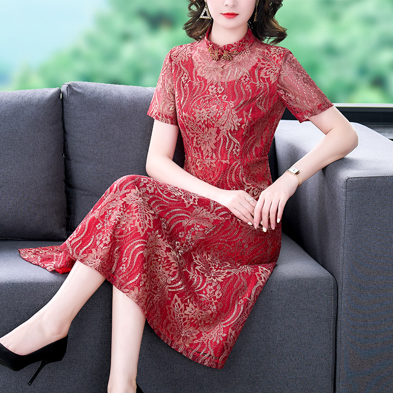 高品质减龄妈妈新娘婚礼服红色夏宴会改良旗袍连衣裙喜婆婆婚宴装