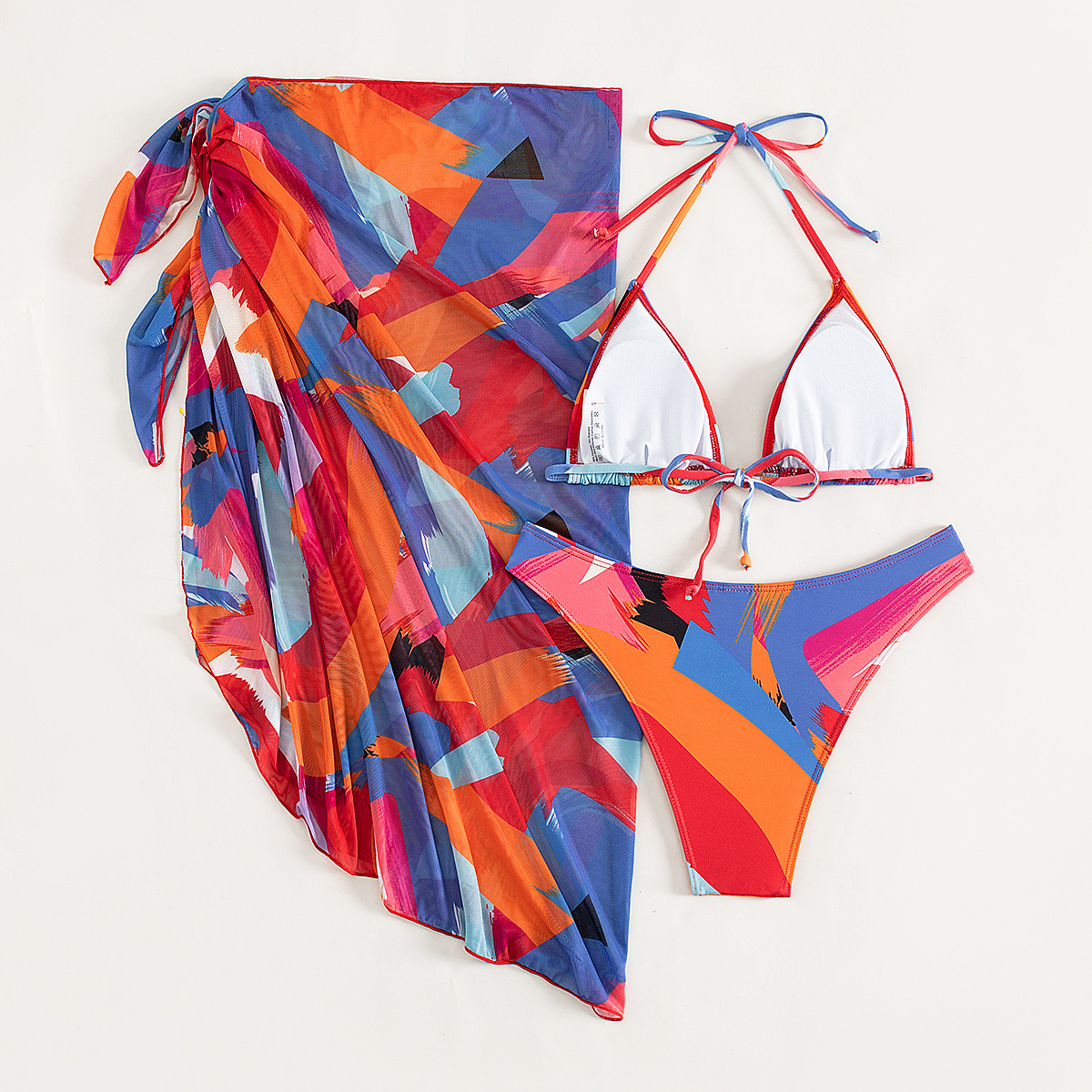 Polyester Fabric Type Women's Ditsy Floral Stripe 3 Pieces Set Bikinis Swimwear