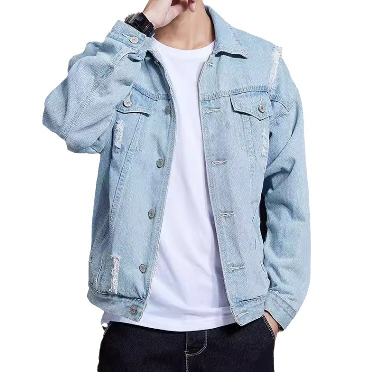 Marca de moda rasgada Denim abrigo de invierno de los hombres ropa de trabajo informal de color claro de moda suelta Ruan guapo chaqueta de los hombres