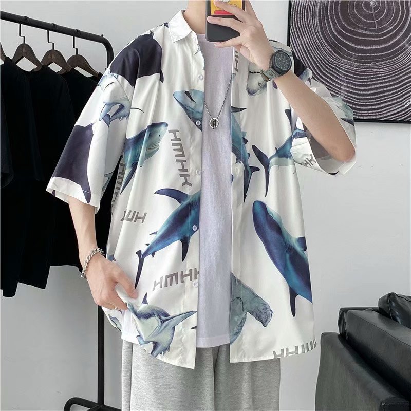Camisa de manga corta de verano de los hombres perezoso estilo ruffle guapo ins estilo de Hong Kong marca de moda delgada capa media manga camisa 1239