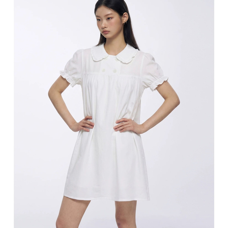 Archivum Double-Breasted Puff Sleeve Linen Blend Doll Collar Shirt Dress with a Fitted Design