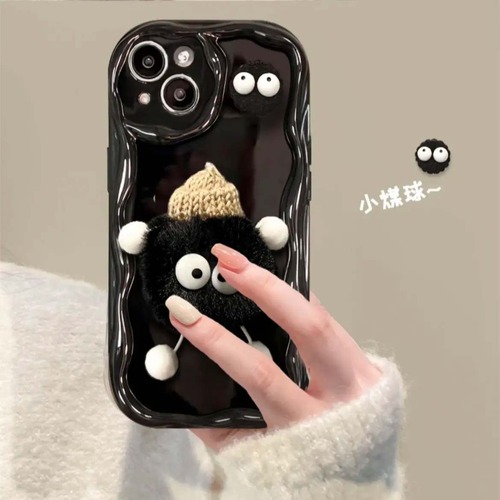INS-style cream shell 11, plush coal ball figure 12, suitable for iPhone 15 Pro Max, Apple 14 phone case 13