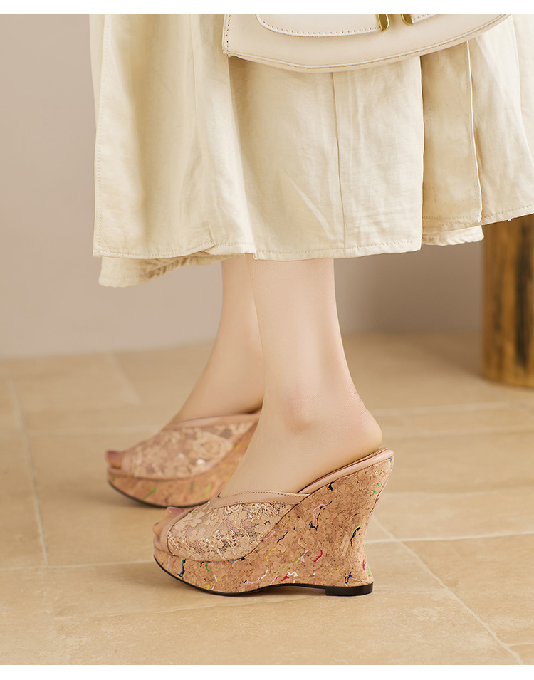 Sandal cao gót nữ hở mũi phong cách vintage, đế xuồng ren lưới, gót siêu cao 12 cm — màu trắng ngà, màu mơ chi tiết 15