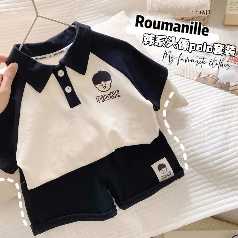 Pure cotton children's color-blocked polo set, two-piece set for boys and girls, short-sleeved shirts and shorts.