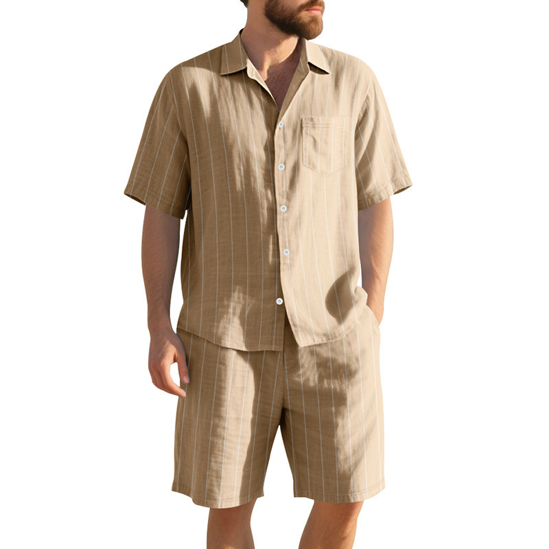 Traje de lino de verano de Amazon transfronterizo Camisa de manga corta suelta jacquard a rayas para hombre Pantalones cortos de playa de dos piezas