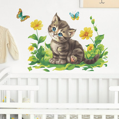 新款MG-E028卡通貓咪草坪玩耍臥室客廳背景裝飾牆貼紙外貿批發