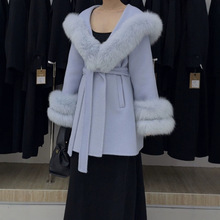 大翻领大袖子狐狸毛可拆卸浴袍系带落肩袖中长款双面尼羊毛大衣女